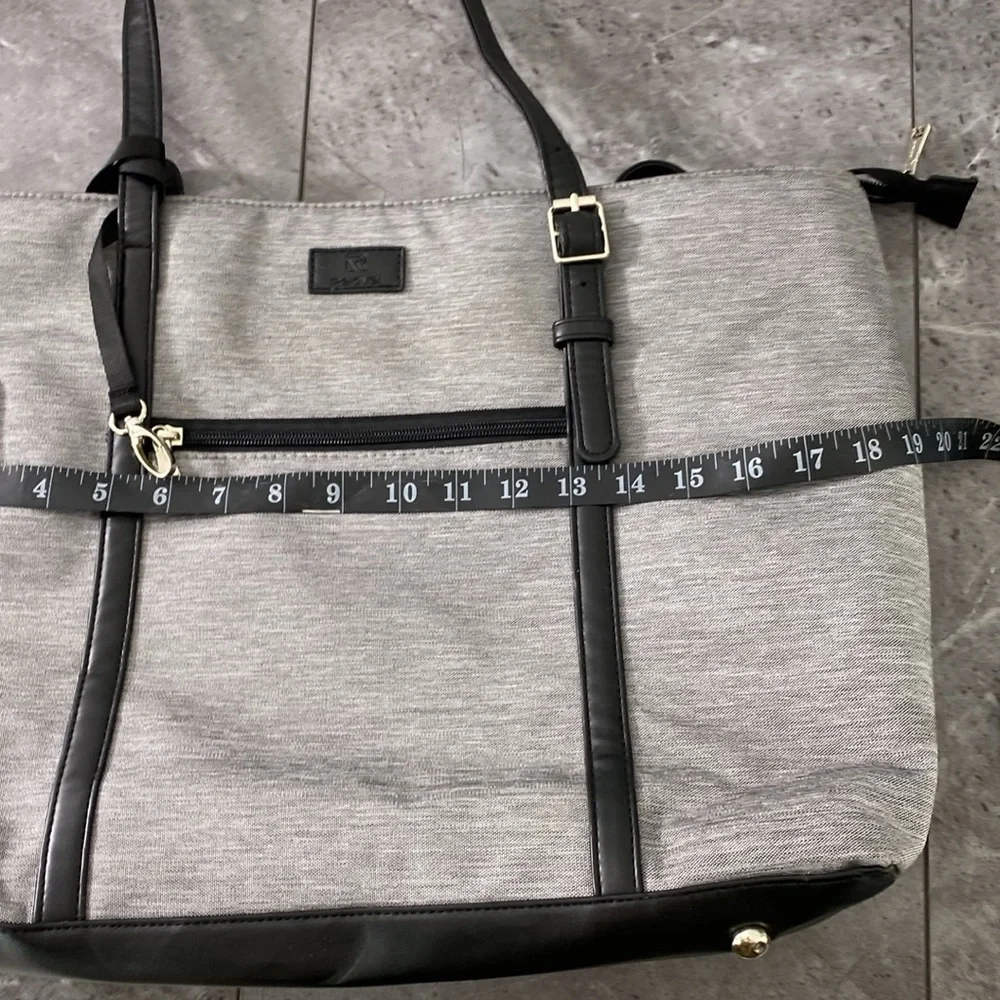 REIAVEL Gray Tote Bag Laptop Grey Canvas Black Leather USB Plug‎ Office Purse